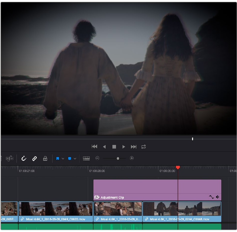Resolve 21 Adjustment Clip above multiple shots on the Edit page timeline