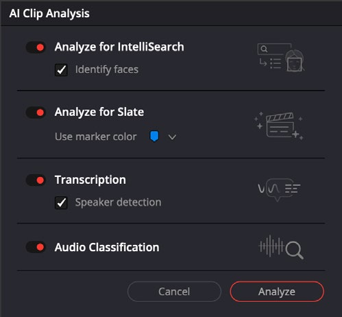 Resolve 21 AI Clip Analysis with Analyze for Slate and marker color controls