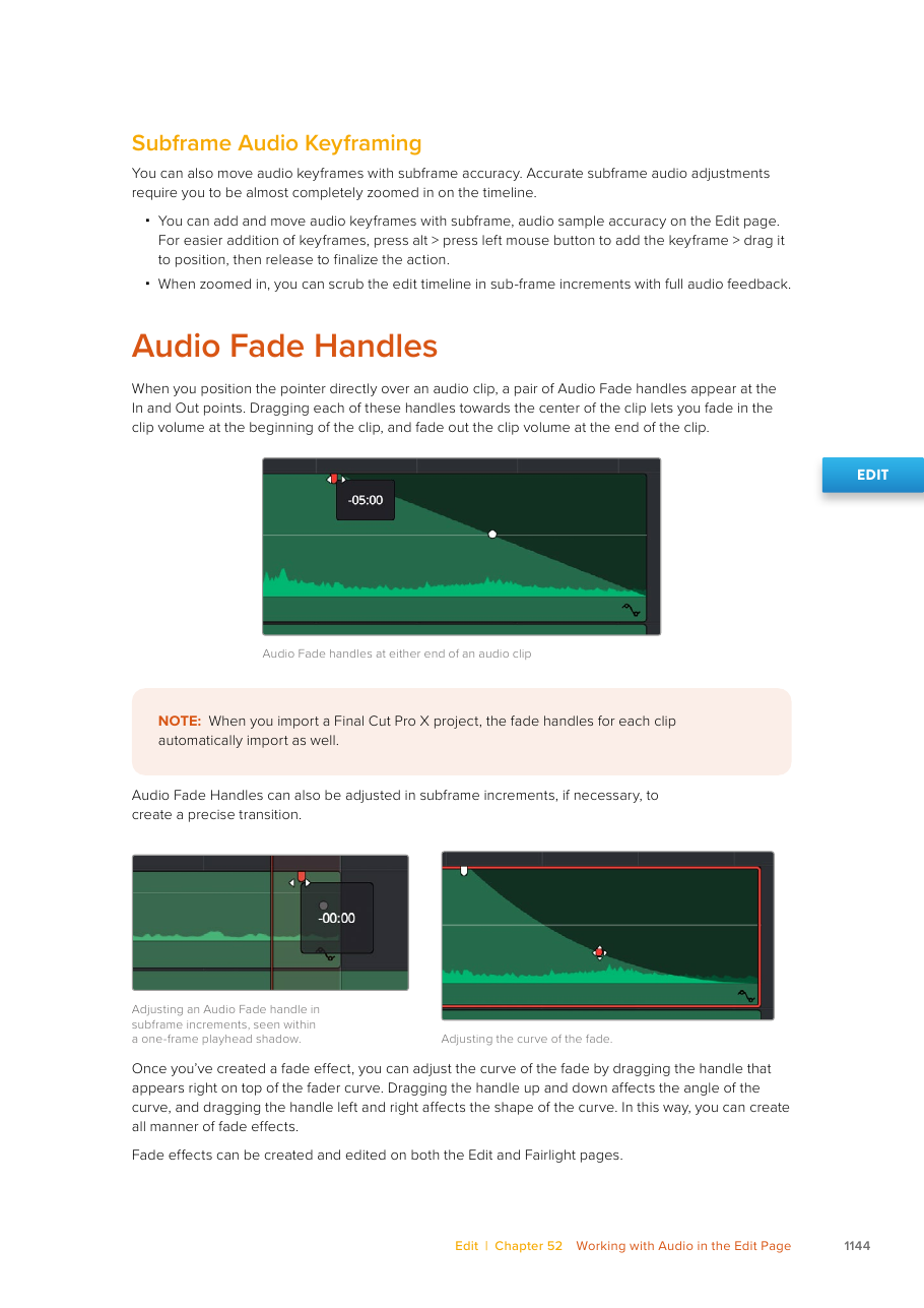 Resolve 21 audio fade handles and subframe fade-curve adjustment on an Edit timeline clip