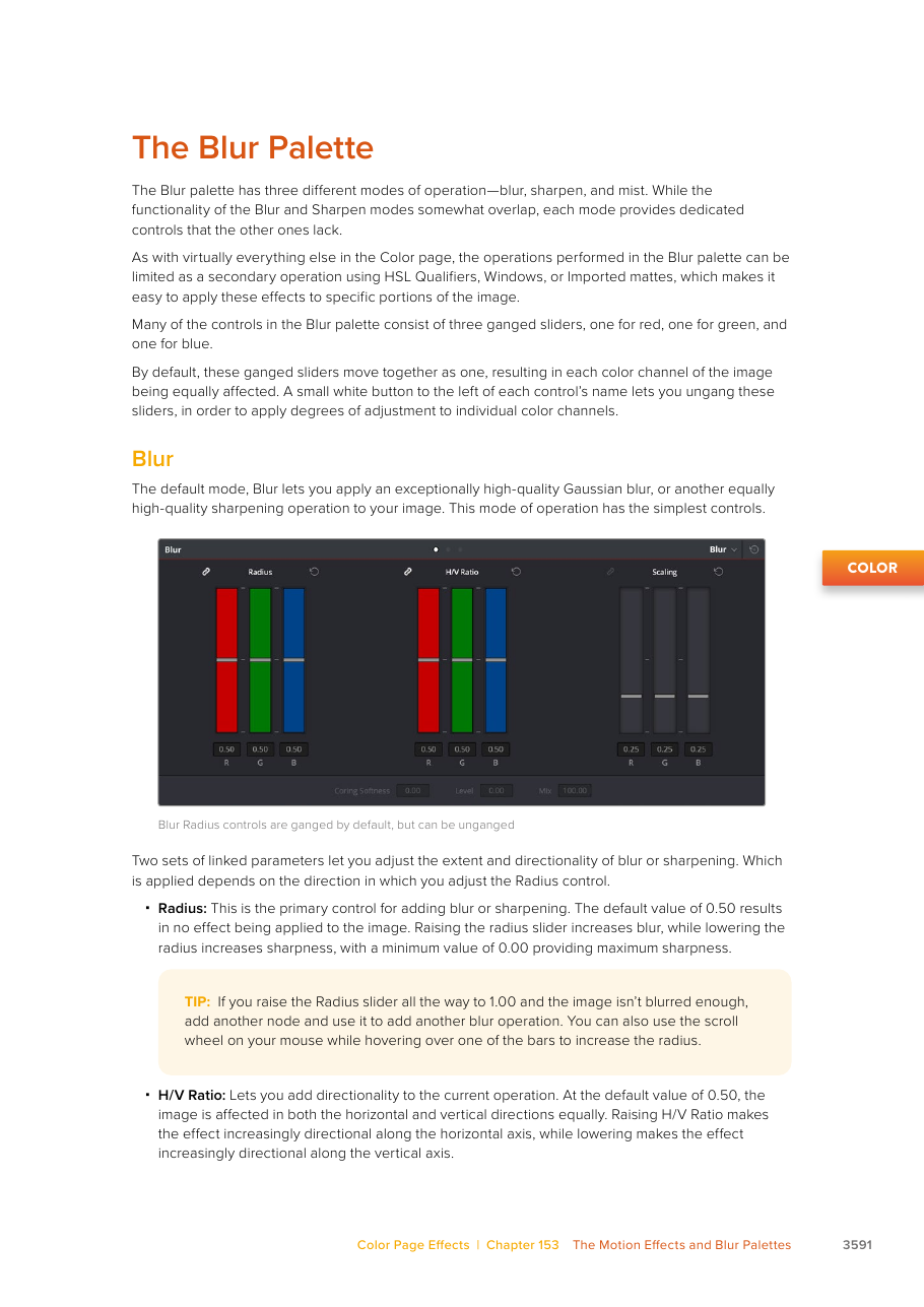 Resolve 21 Color-page Blur palette with linked Radius controls
