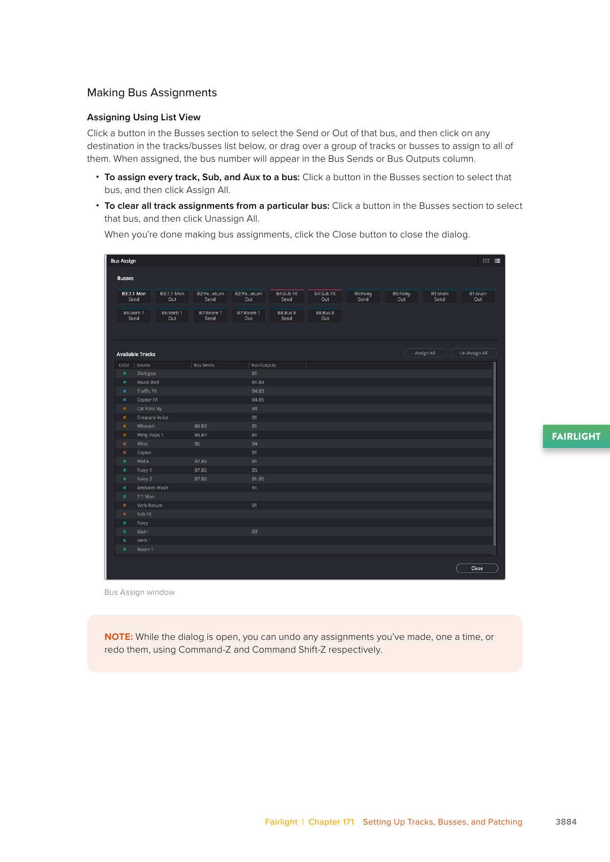 Resolve 21 Bus Assign window listing bus sends, bus outputs, and available tracks