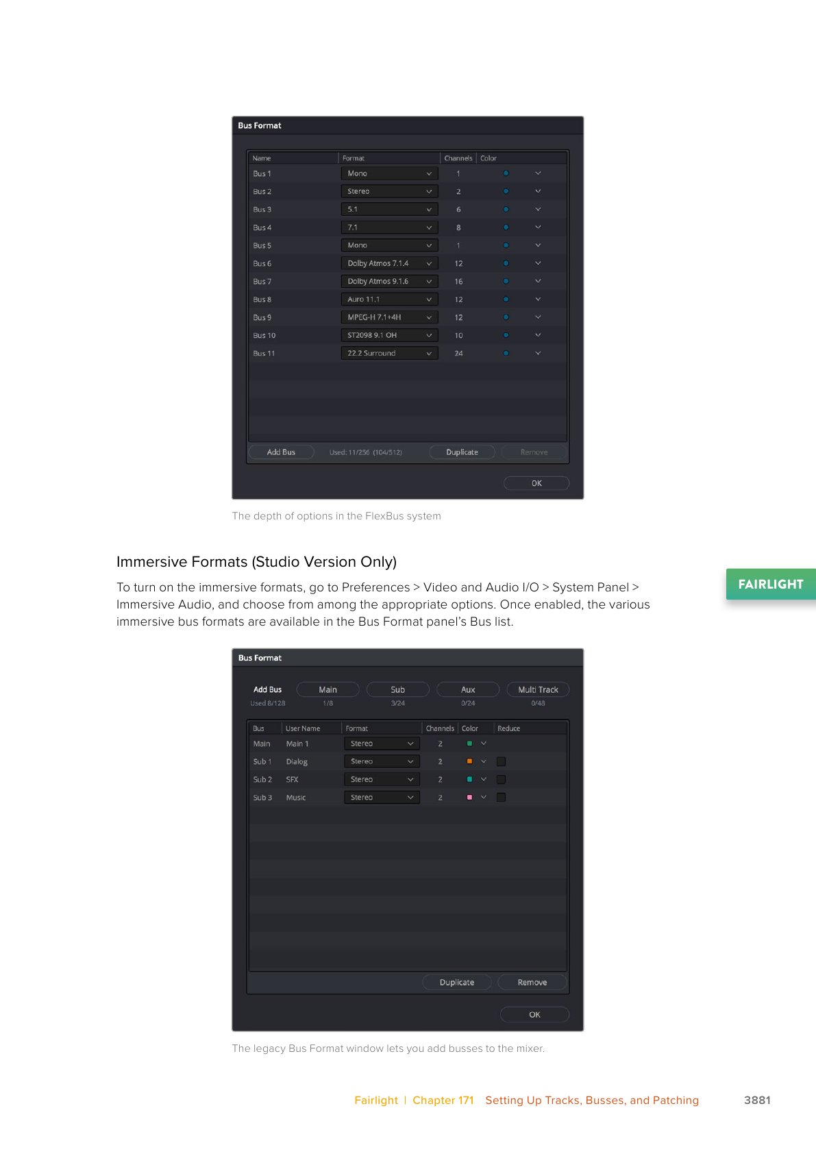 Resolve 21 Bus Format window for naming buses and choosing mono, stereo, and multichannel formats