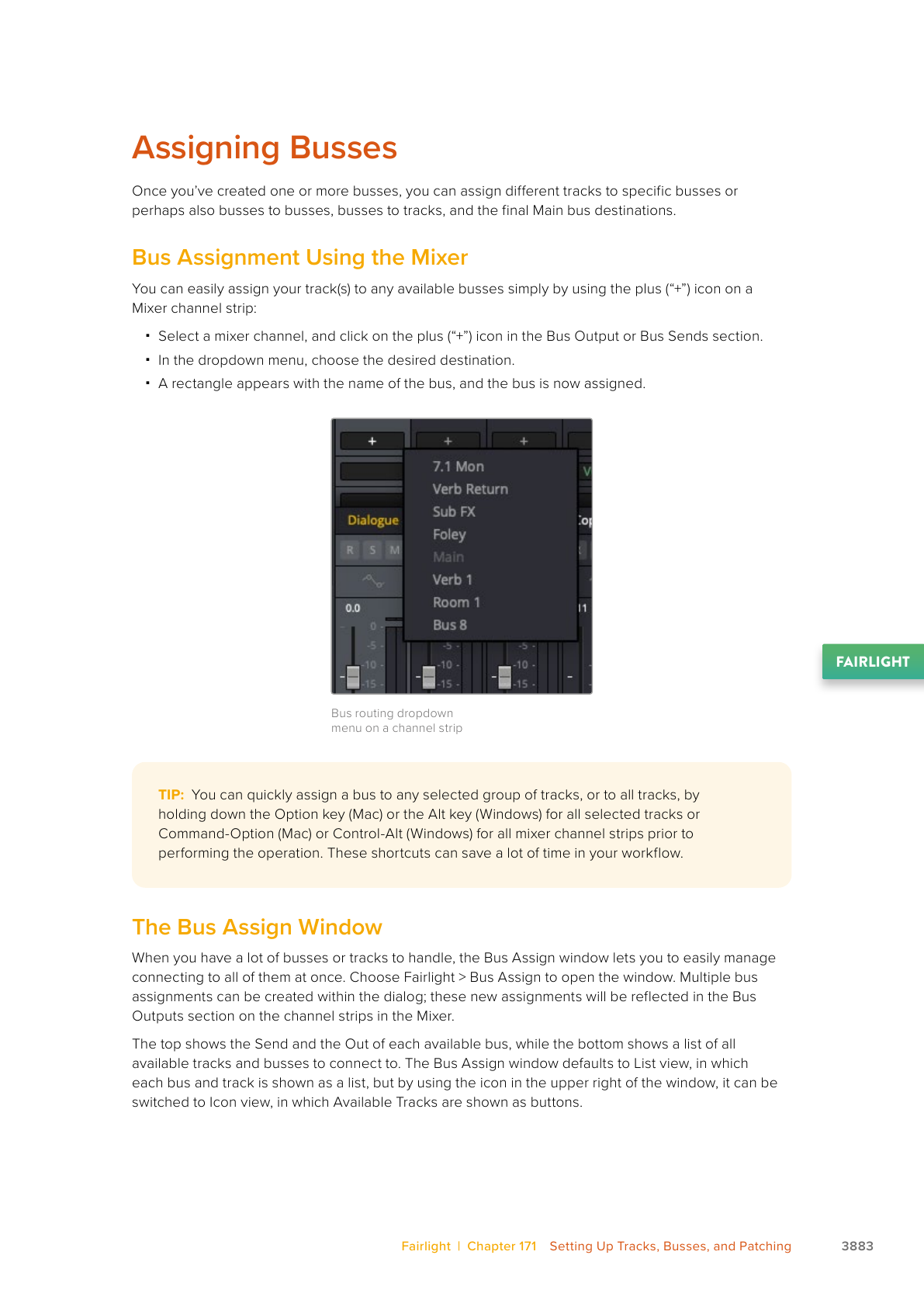 Resolve 21 mixer Bus Output menu for assigning a track or bus destination