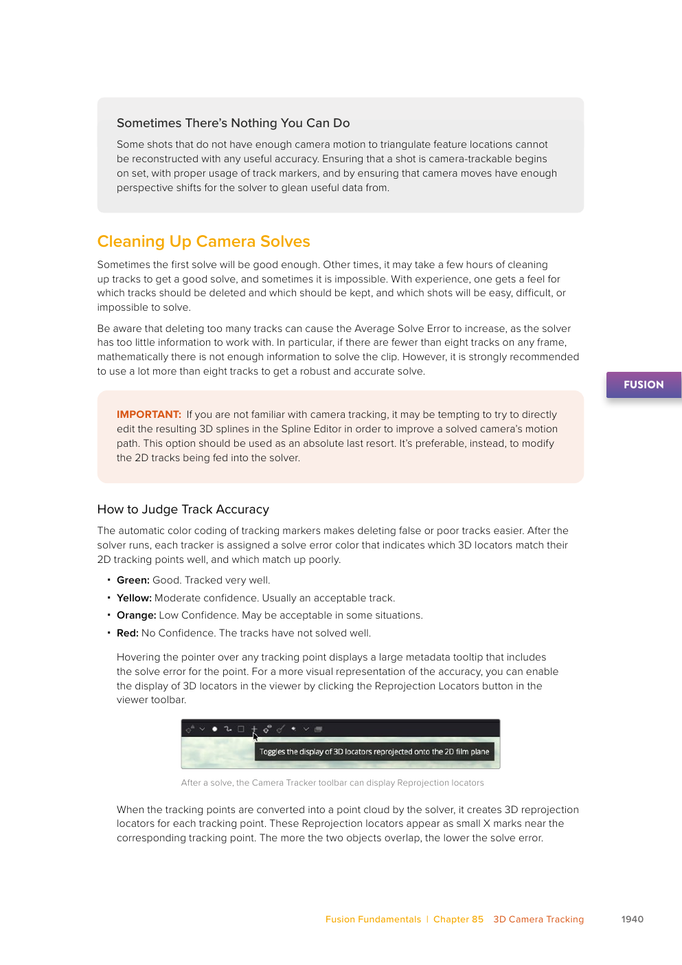 Resolve 21 Camera Tracker solve-accuracy guidance and reprojected 3D locator control