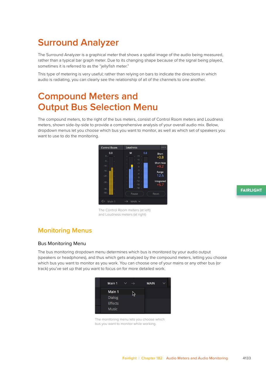 Resolve 21 Control Room and Loudness meters beside the monitored Main bus selector