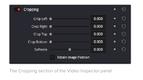 Resolve 21 Video Inspector Cropping controls with Softness and Retain Image Position