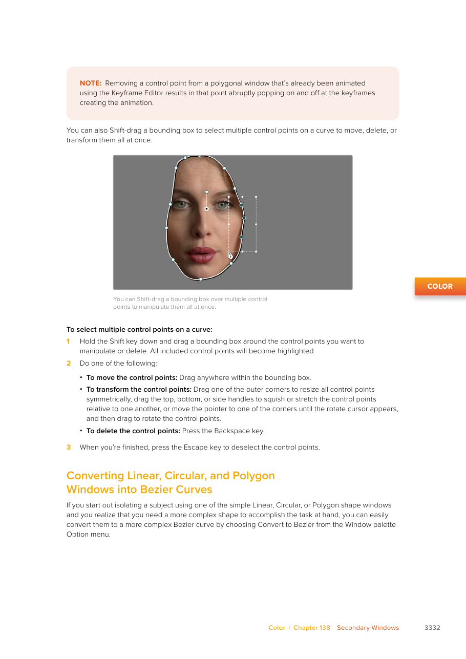 Resolve 21 Curve Power Window drawn around a face for a manual custom mask