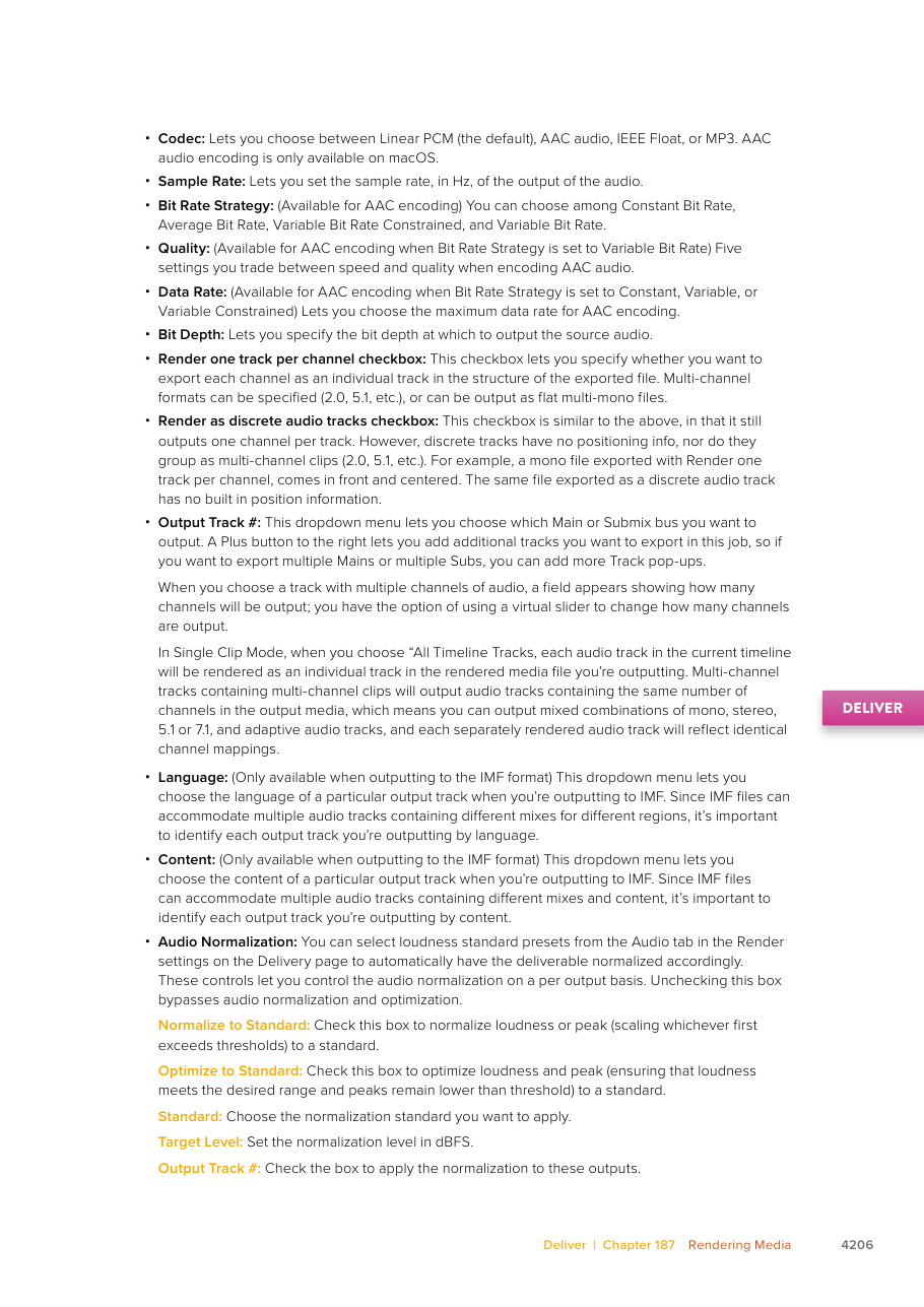 Resolve 21 Deliver page documentation for Normalize to Standard and Optimize to Standard audio output