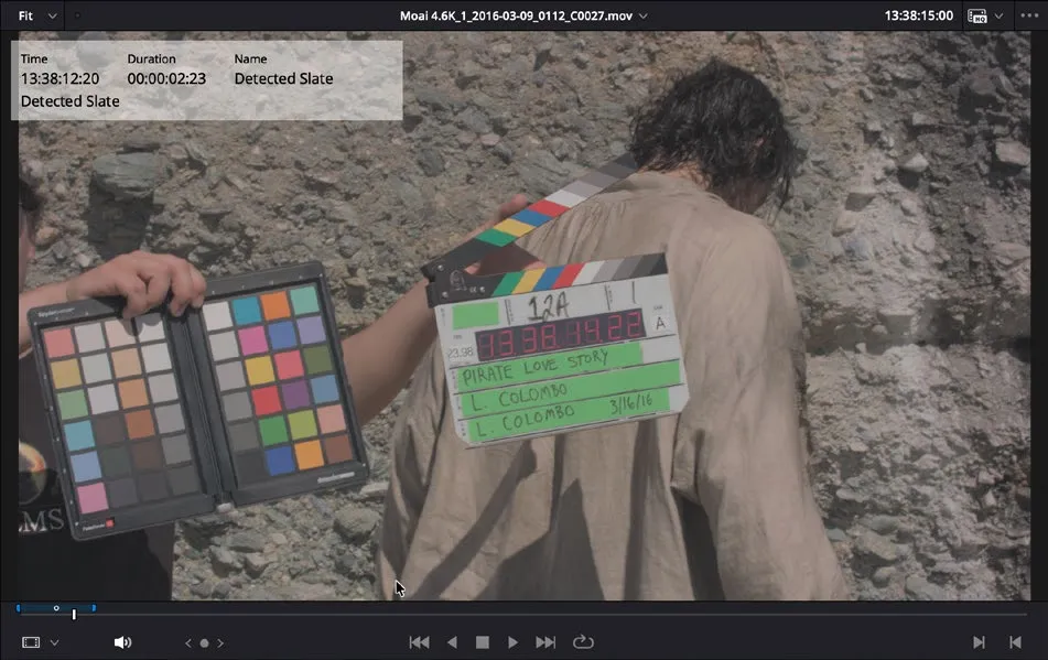 Resolve 21 viewer with a detected slate duration marker on the source clip