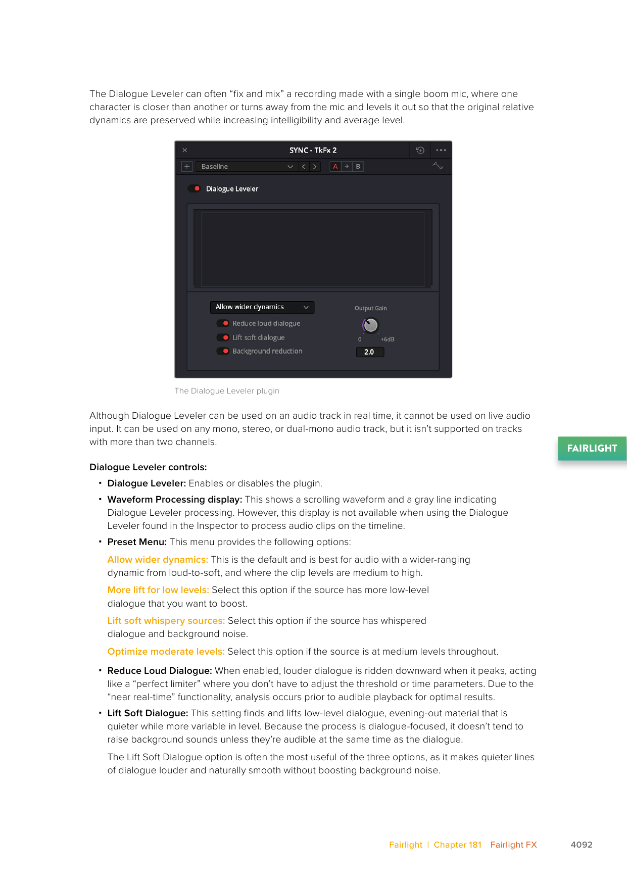 DaVinci Resolve 21 Dialogue Leveler window with preset, waveform display, Reduce Loud Dialogue, Lift Soft Dialogue, Background Reduction, and Output Gain controls