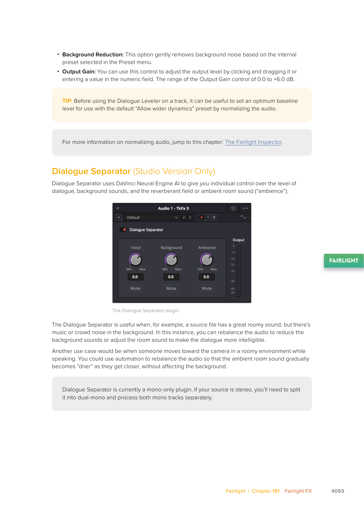 DaVinci Resolve 21 Dialogue Separator with Voice, Background, Ambience, and Output controls plus mono-only limitation