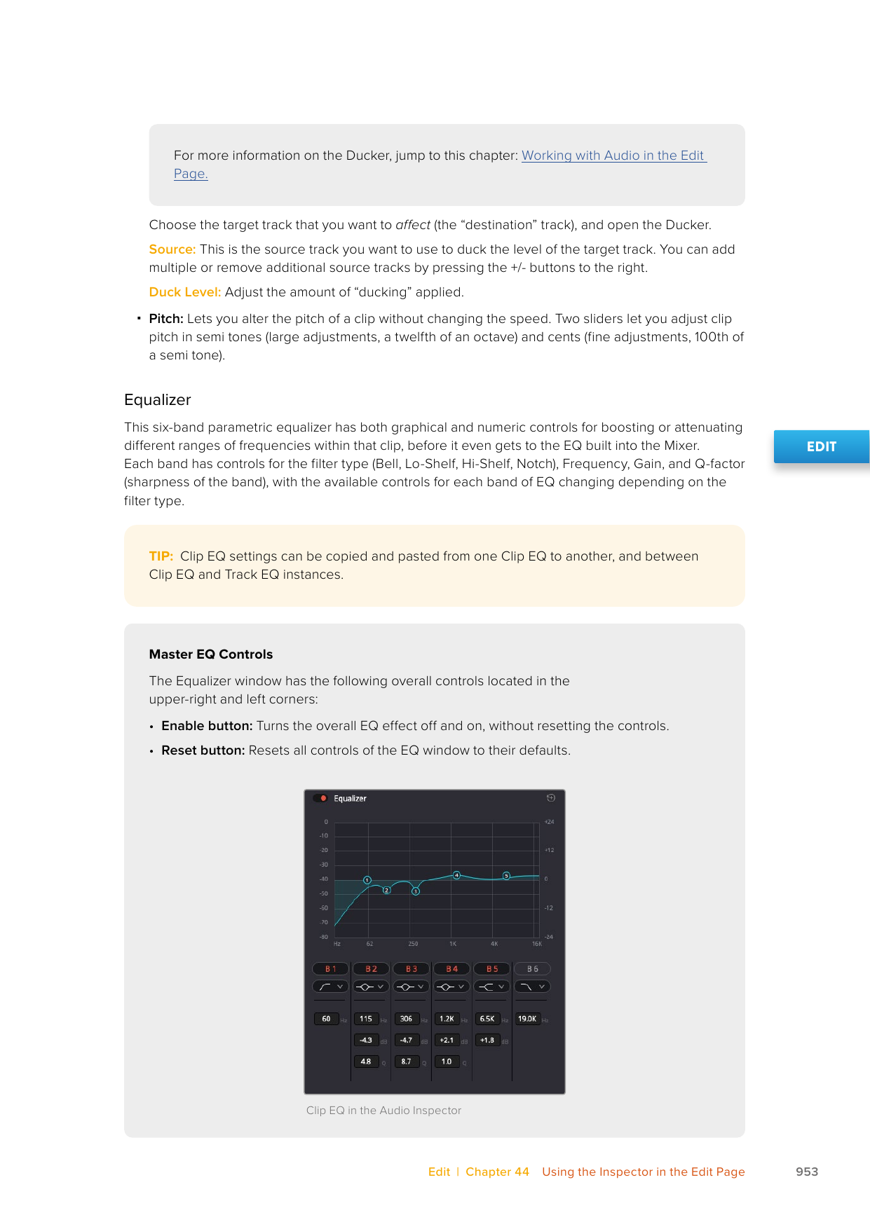 DaVinci Resolve 21 Edit-page Audio Inspector six-band Clip EQ with numbered handles and copy-paste support between clip and track EQ instances