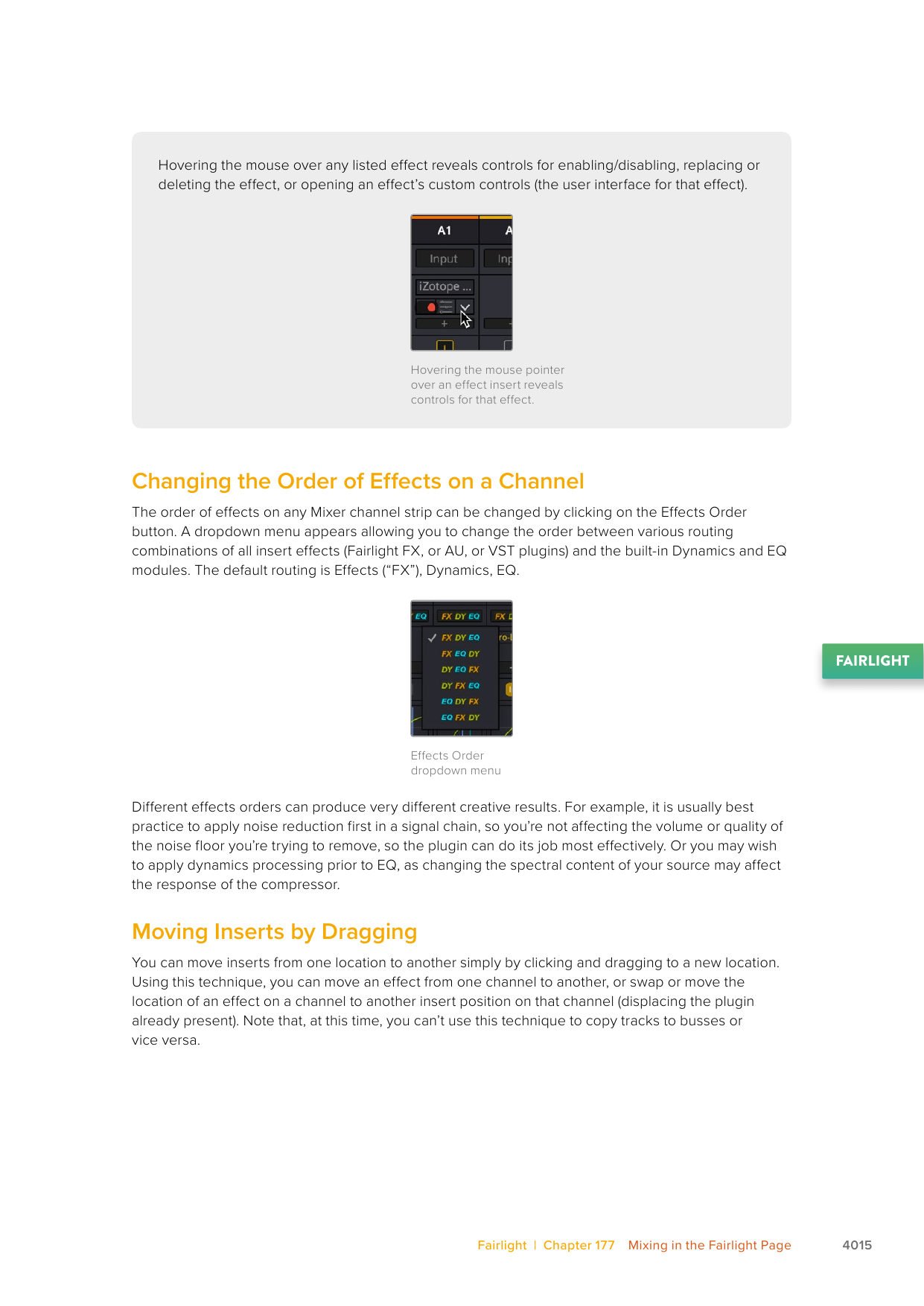 DaVinci Resolve 21 Fairlight Effects Order menu for reordering insert effects, Dynamics, and EQ on a Mixer channel