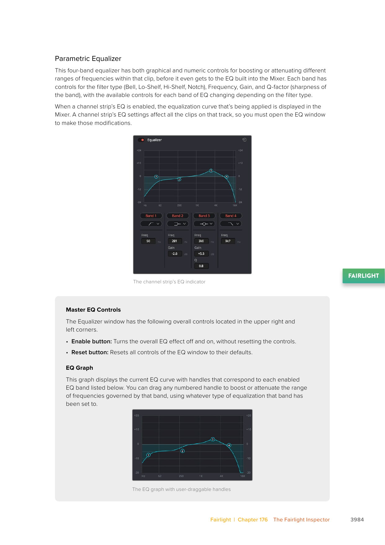 DaVinci Resolve 21 Fairlight Inspector four-band Parametric Equalizer with numbered curve handles, enable, reset, frequency, gain, and Q controls