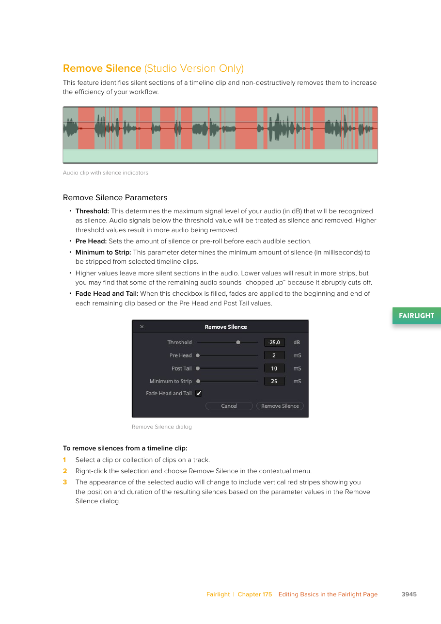 Resolve 21 Studio Fairlight Remove Silence waveform preview, parameters, and contextual-menu workflow