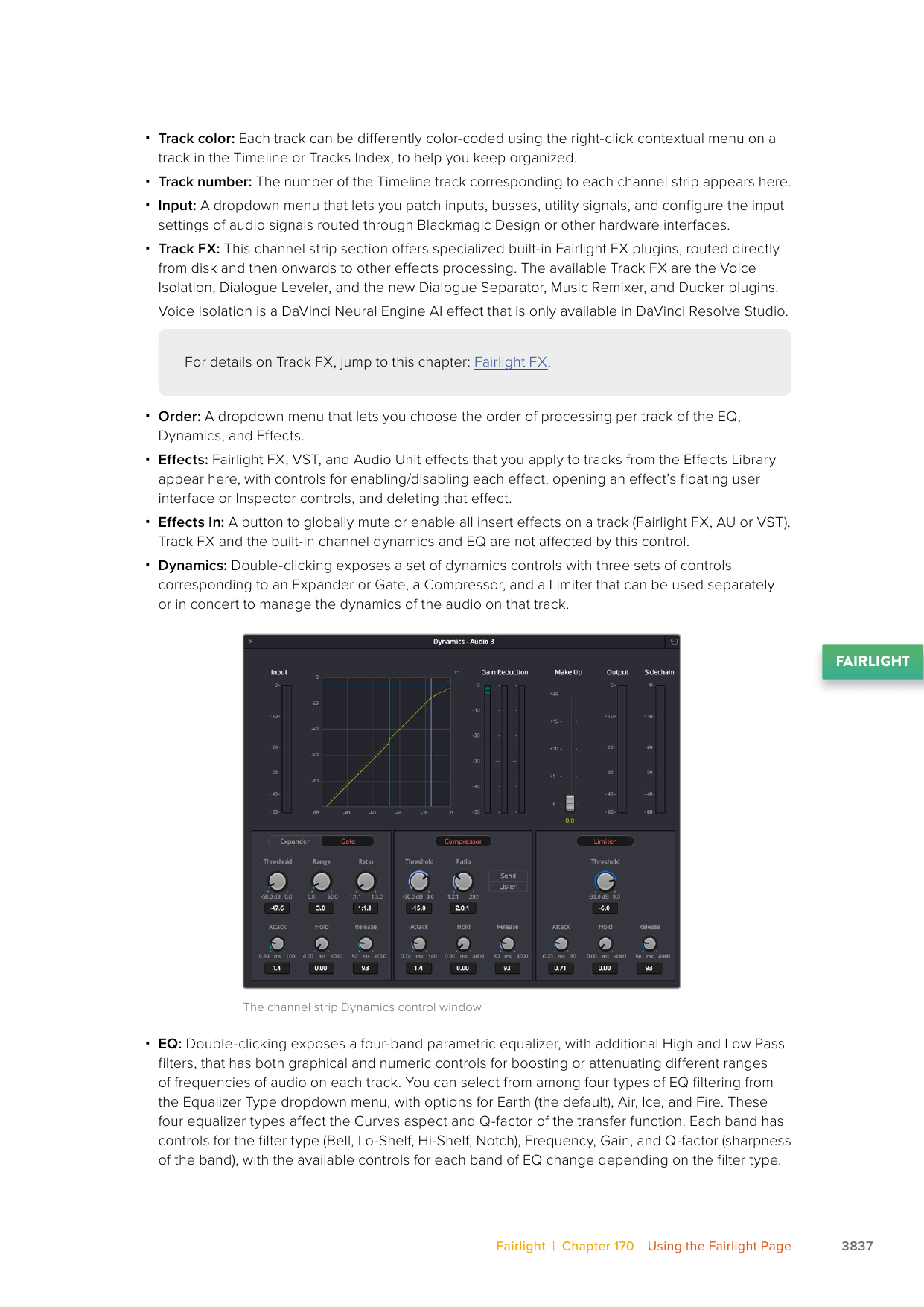 DaVinci Resolve 21 Reference Manual page 3837 describing Fairlight Mixer track EQ as four bands plus high- and low-pass filters