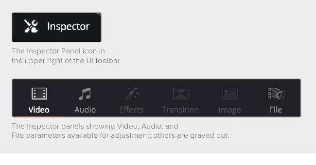 Resolve 21 Inspector button with Video, Audio, Effects, Transition, Image, and File tabs