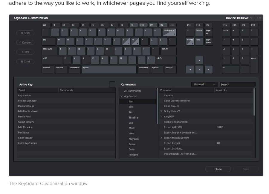 Resolve 21 Keyboard Customization window with preset selector, visual keyboard, commands, and assigned shortcuts