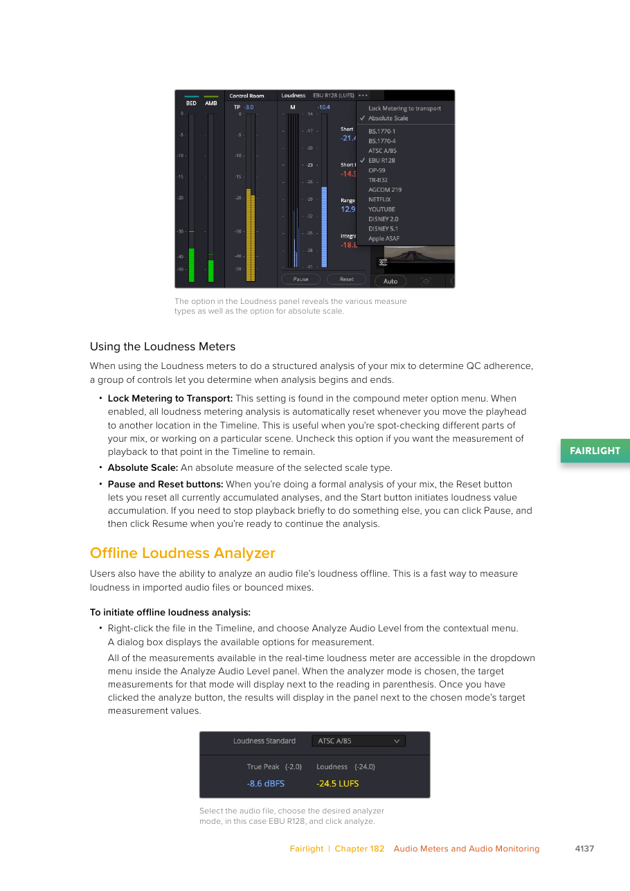 Resolve 21 Loudness panel with EBU R128 selected and offline Analyze Audio Level result