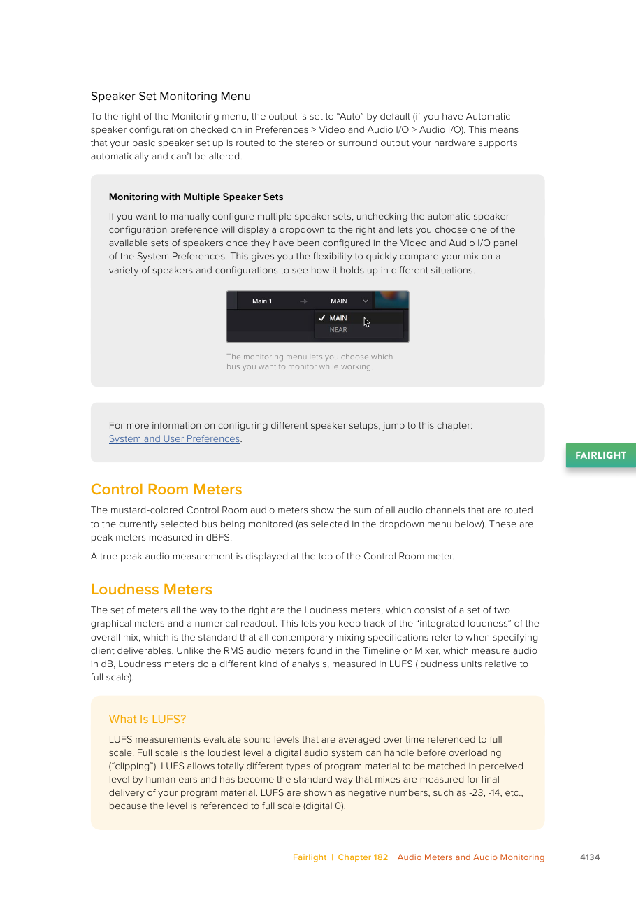 Resolve 21 manual explanation of Control Room true peak meters, Loudness meters, and LUFS