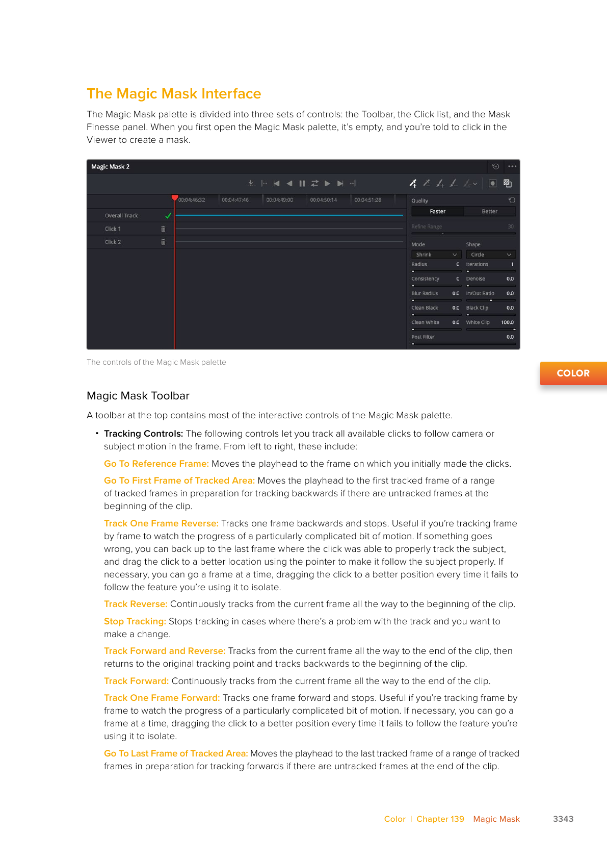Resolve 21 Magic Mask 2 palette with Click List, tracking toolbar, Faster and Better quality, and matte-finesse controls