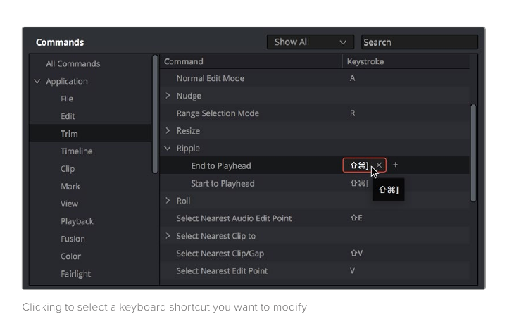 Resolve 21 Keyboard Customization panel for assigning a key and checking command conflicts