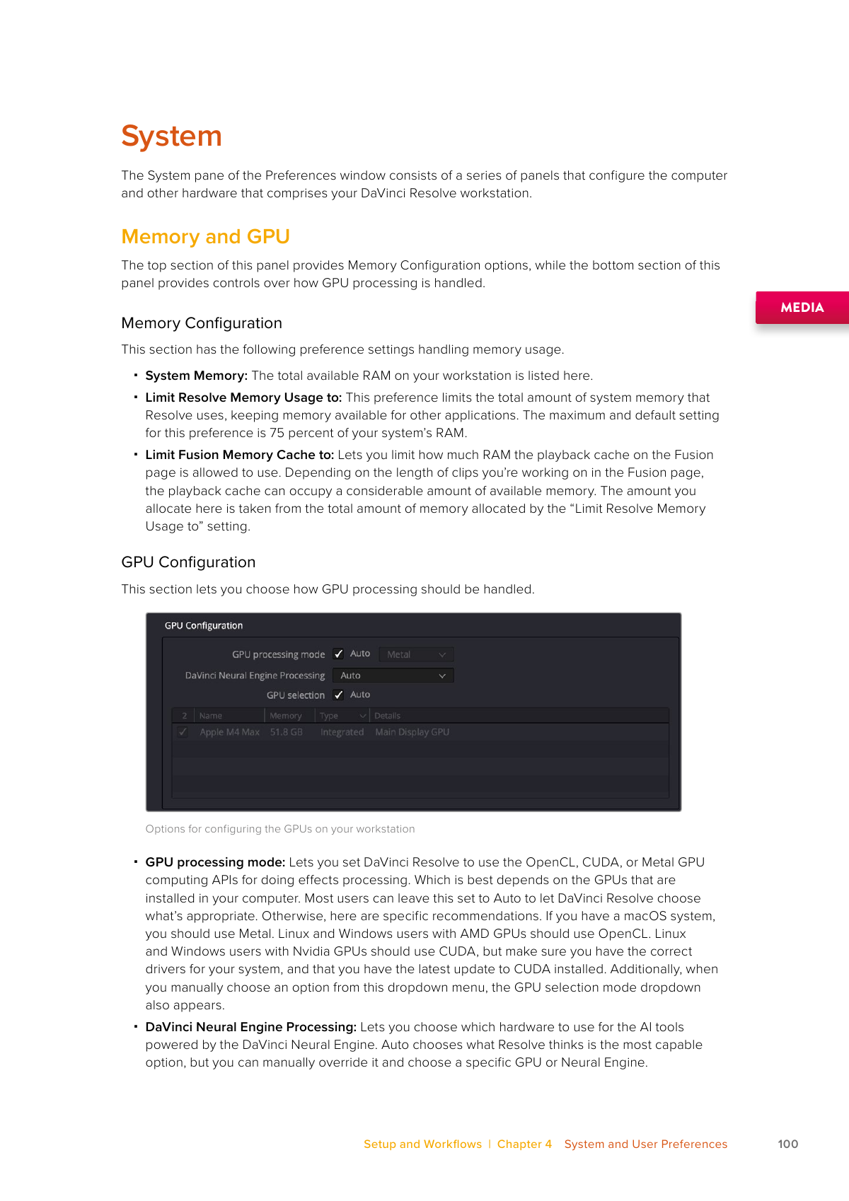 Resolve 21 Memory and GPU preferences with system memory and GPU processing controls