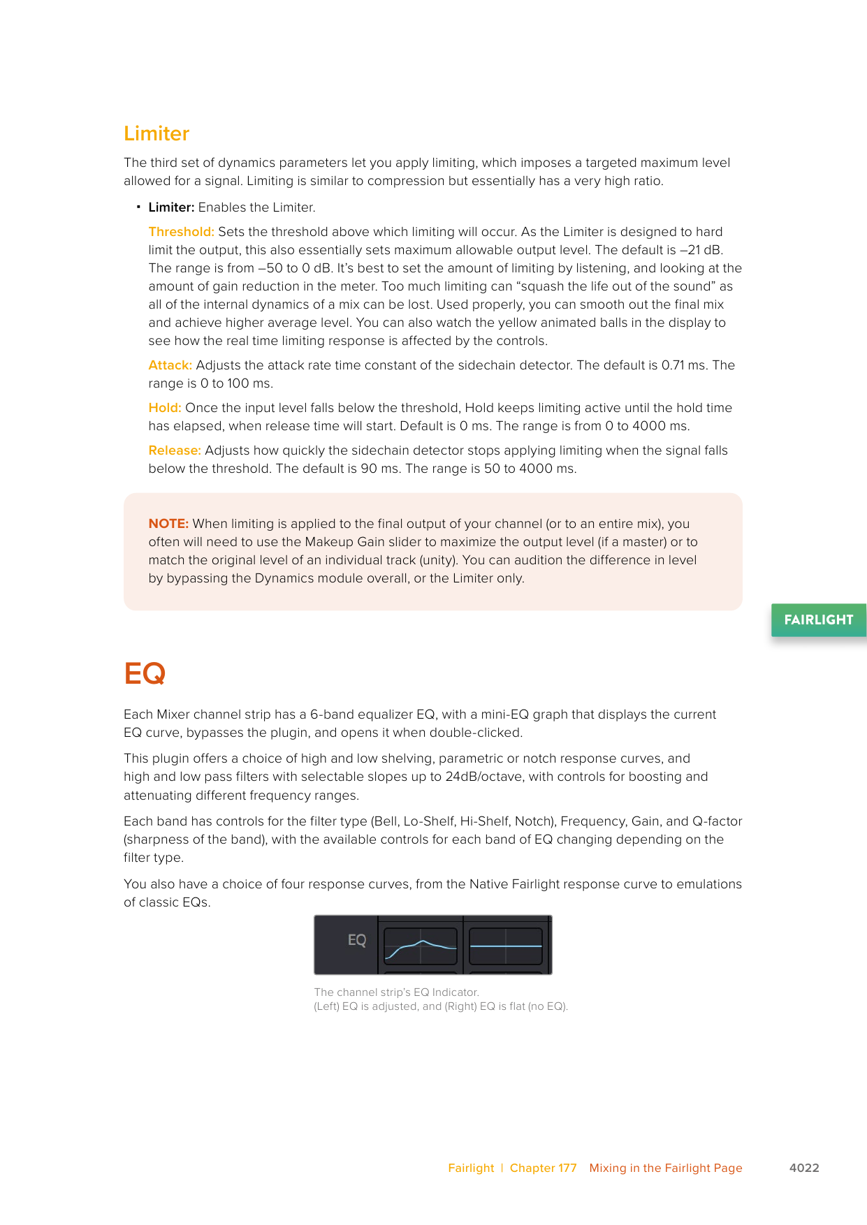 DaVinci Resolve 21 Reference Manual page describing each Fairlight Mixer channel strip as having a six-band EQ