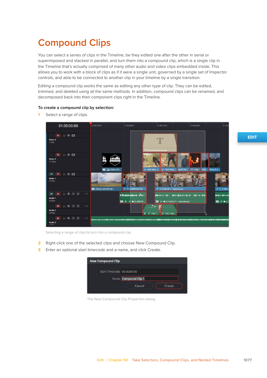 Resolve 21 timeline selection and New Compound Clip creation workflow