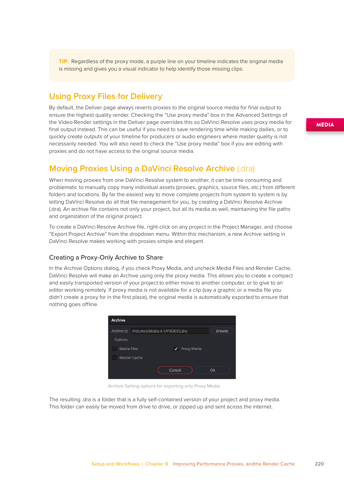 Resolve 21 Project Archive options for Media Files, Proxy Media, and Render Cache