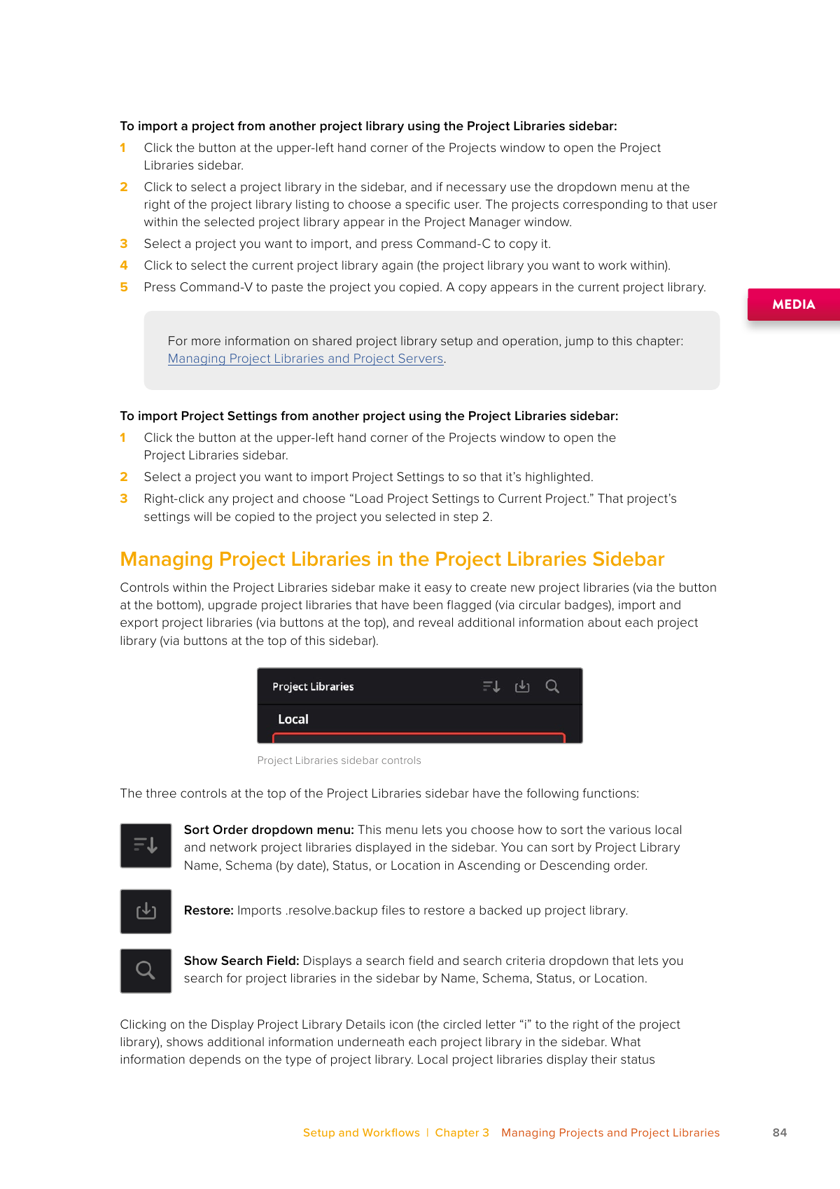 Resolve 21 Project Libraries sidebar controls and details icon used to show a local library path