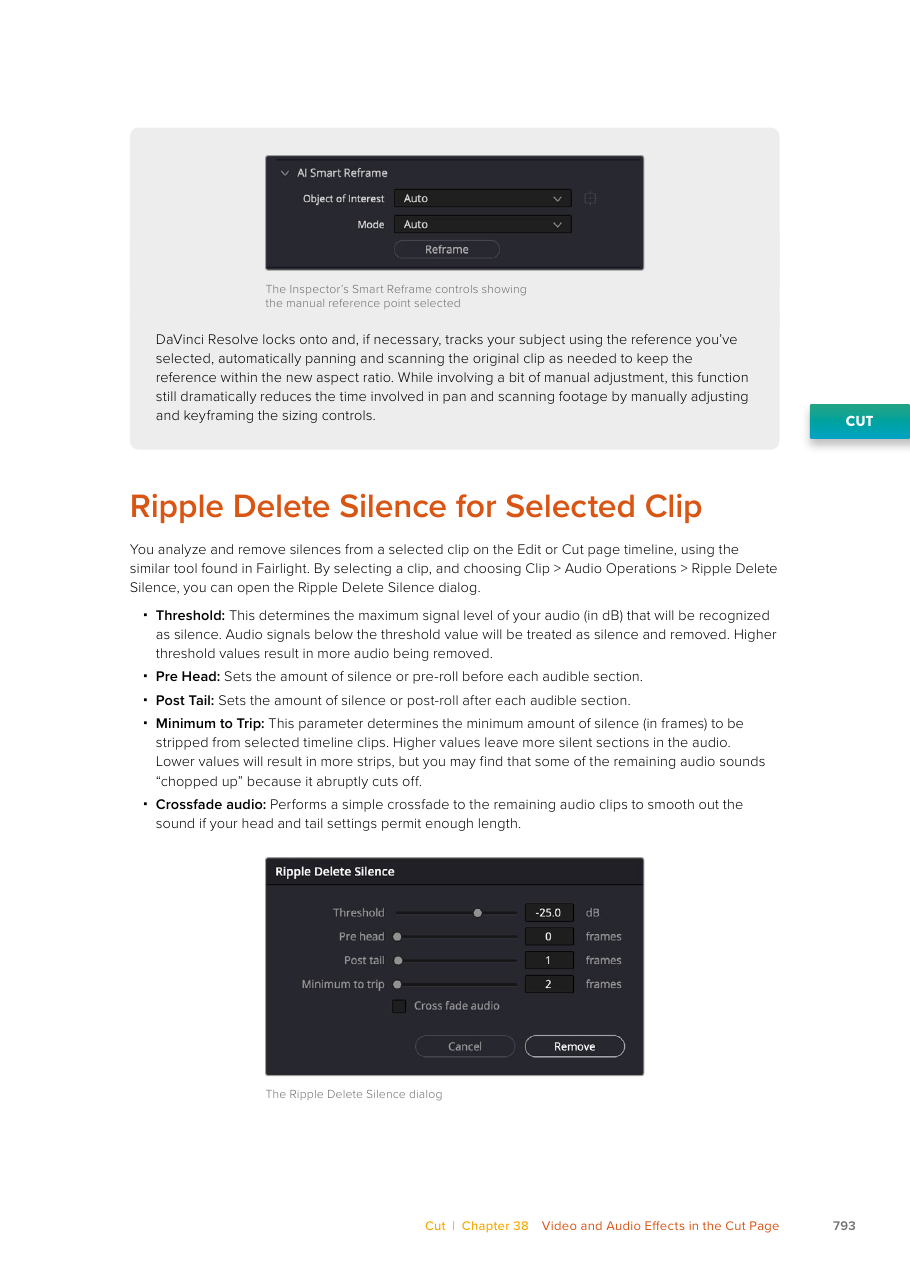 Resolve 21 Cut page Ripple Delete Silence controls for Threshold, Pre Head, Post Tail, Minimum to Trip, and Crossfade audio