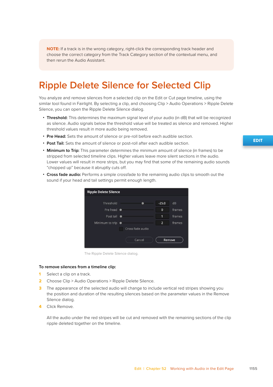 Resolve 21 Edit page Ripple Delete Silence dialog and four-step selected-clip workflow