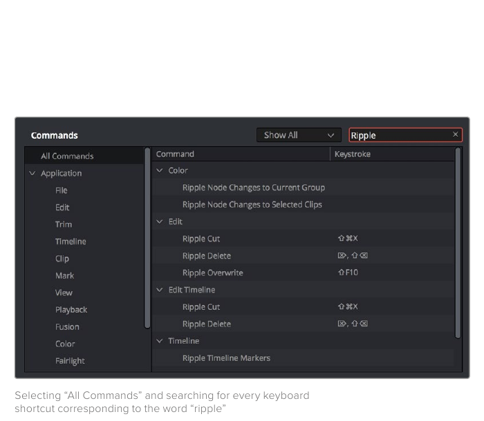 Resolve 21 Keyboard Customization search results for Ripple commands and their current assignments