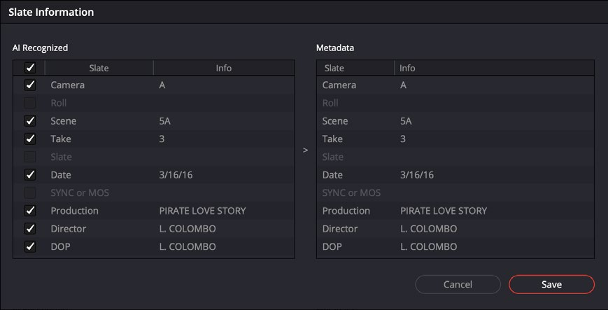 Resolve 21 Slate Information window with recognized metadata checkboxes and Save button