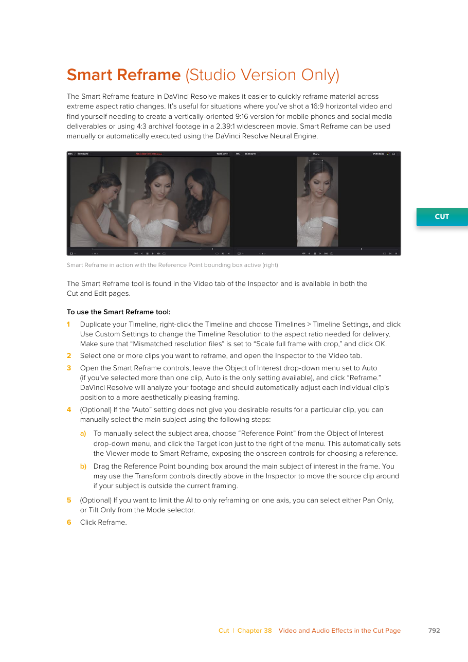 Resolve 21 Smart Reframe Studio-only workflow for converting 16:9 footage to 9:16