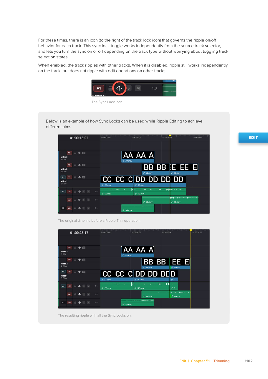 Resolve 21 Sync Lock control and before-after ripple timeline with enabled track locks