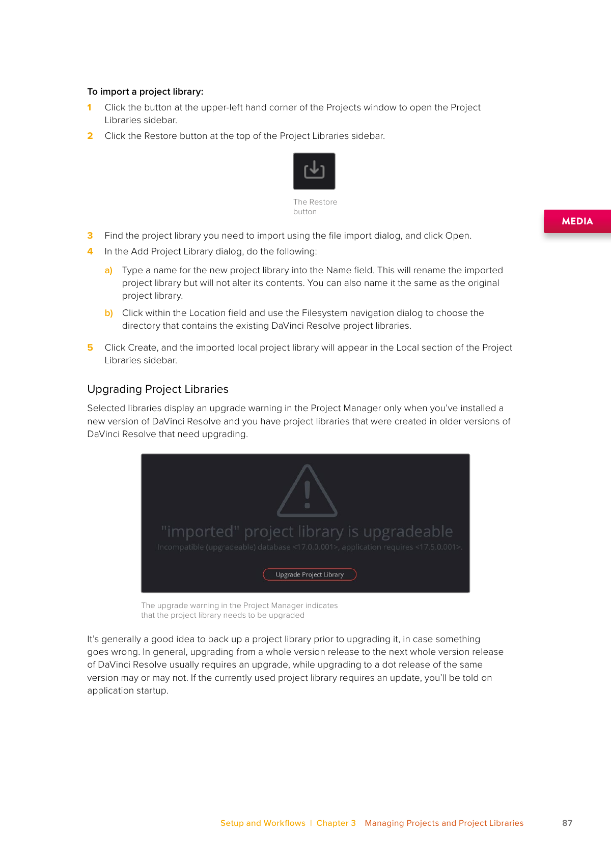 Resolve 21 Project Manager upgrade warning and Upgrade Project Library button