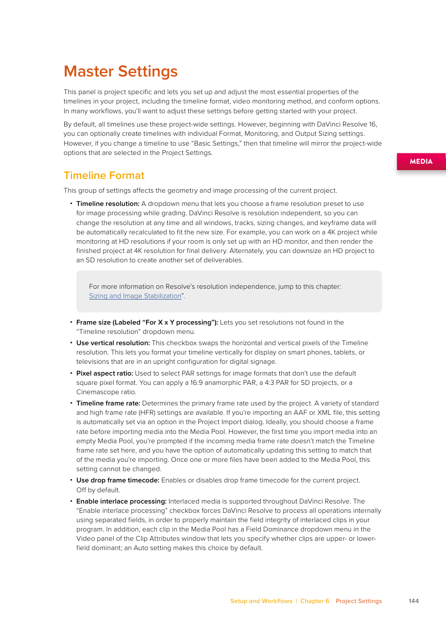 Resolve 21 Master Settings description of Timeline resolution and Use vertical resolution