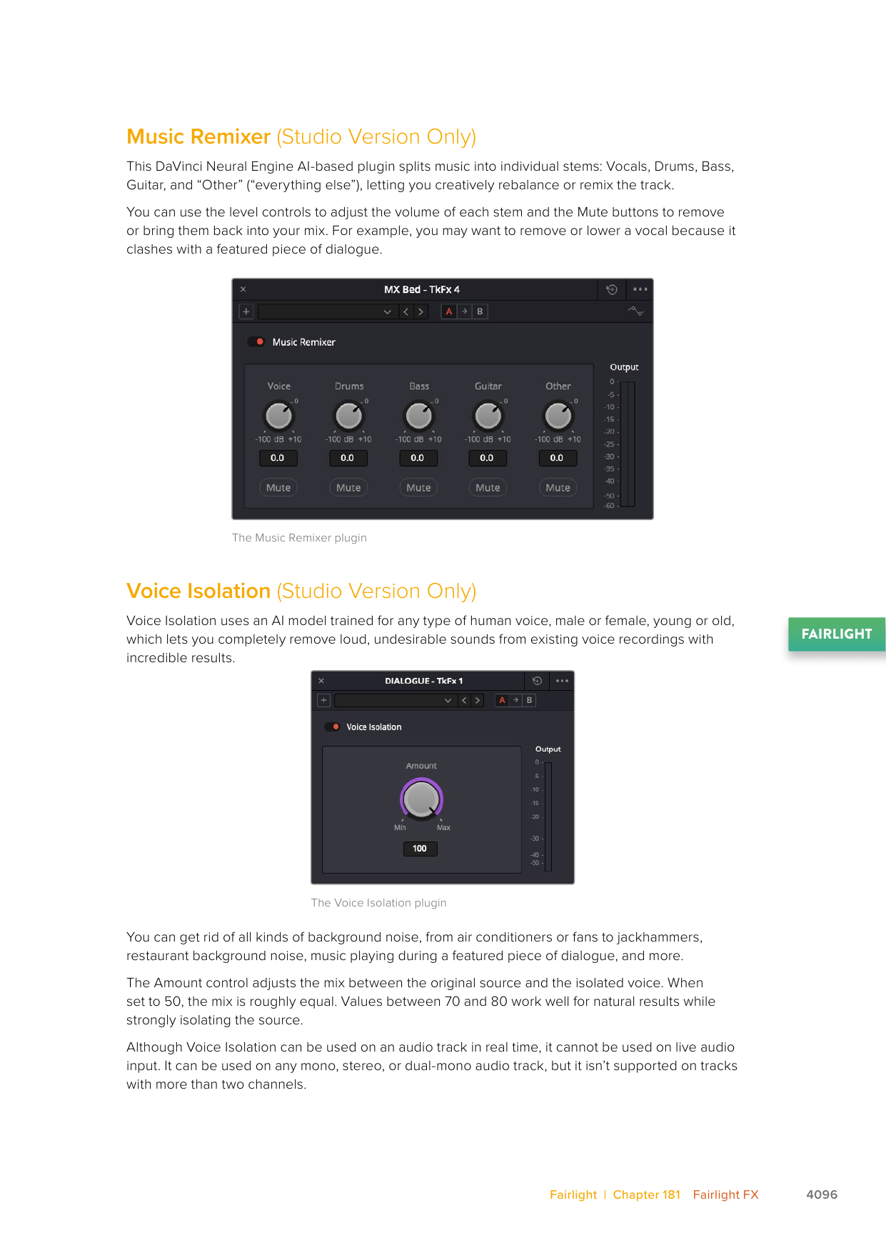 DaVinci Resolve 21 Voice Isolation plugin with Amount control and Studio-only label in the reference manual