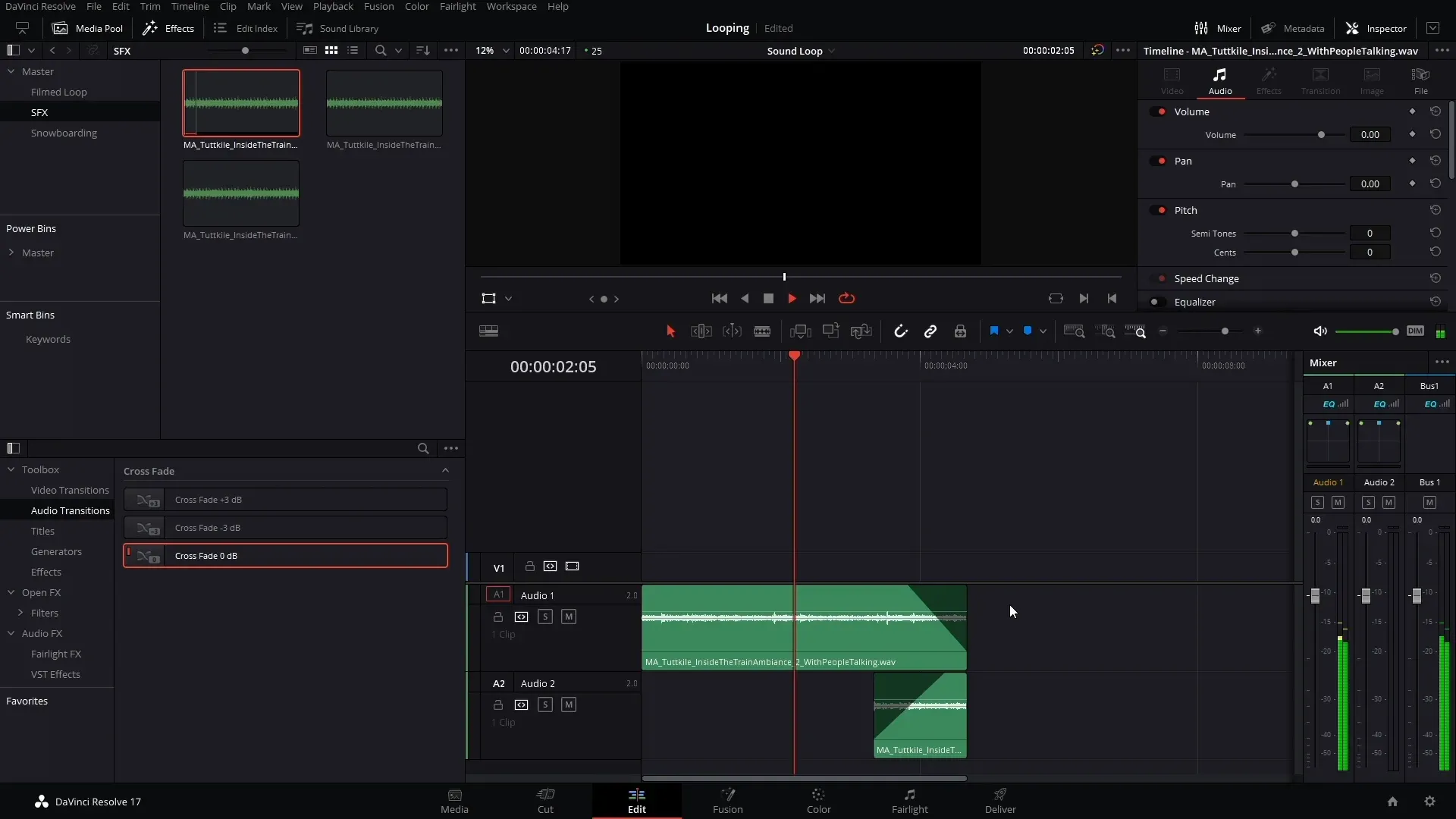 DaVinci Resolve Edit page with Audio Transitions and Cross Fade plus 3 minus 3 and 0 dB options