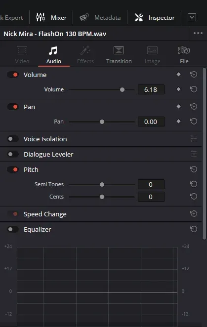 DaVinci Resolve Audio Inspector with Volume, Pan, Voice Isolation, Dialogue Leveler, Pitch, Speed Change, and Equalizer controls