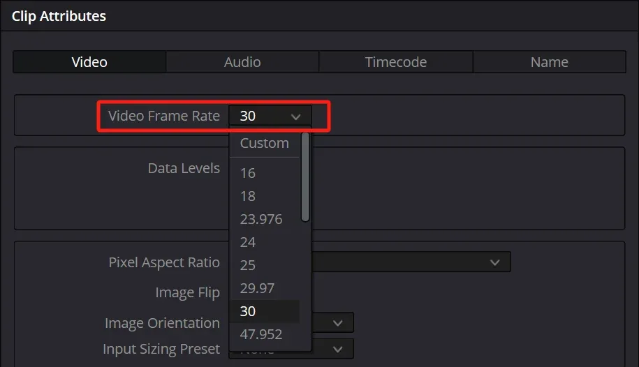 DaVinci Resolve Clip Attributes Video tab with Video Frame Rate dropdown