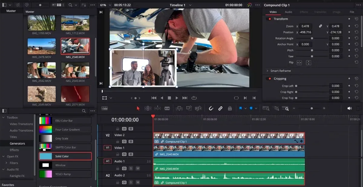 DaVinci Resolve parent timeline with one compound clip selected and Transform controls in the Inspector