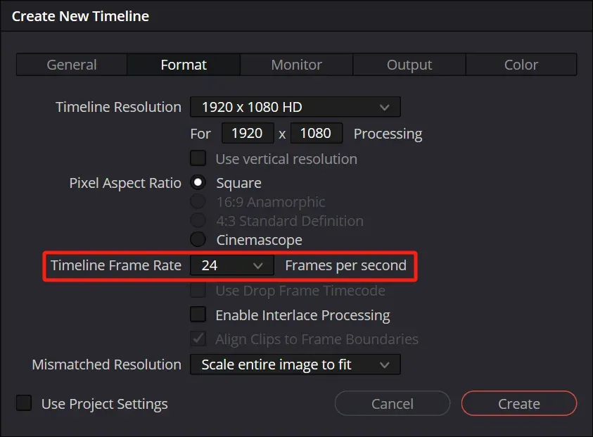 DaVinci Resolve Create New Timeline settings with Use Project Settings disabled and Timeline Frame Rate