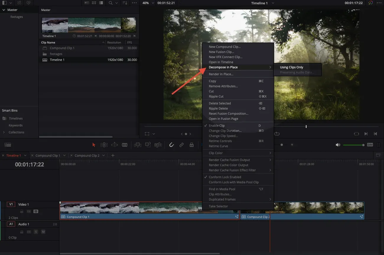 DaVinci Resolve timeline context menu showing Decompose in Place and Using Clips Only