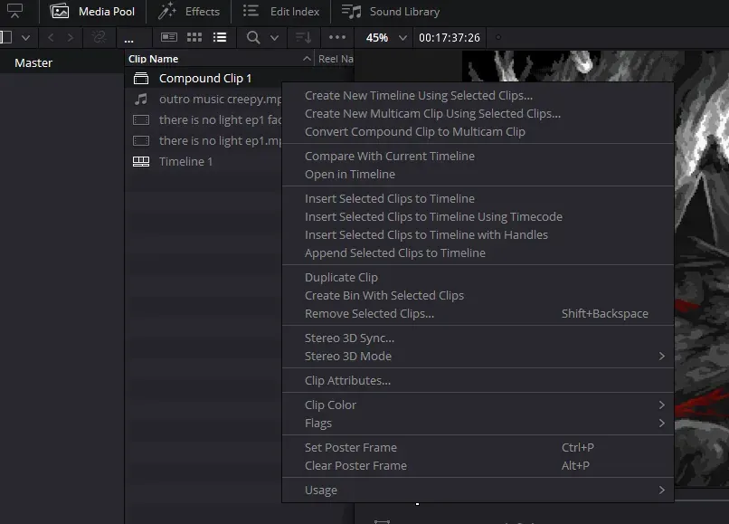 DaVinci Resolve Media Pool context menu with Duplicate Clip available for a compound clip