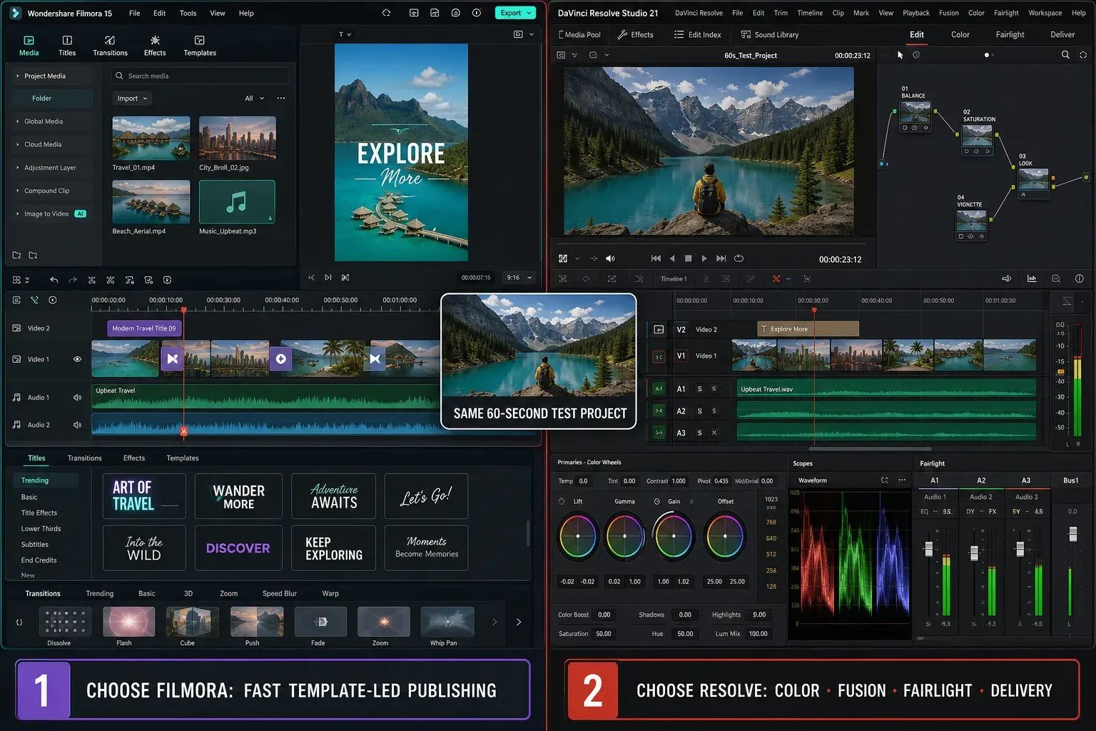 DaVinci Resolve 21 versus Filmora 15 decision map over both editing interfaces