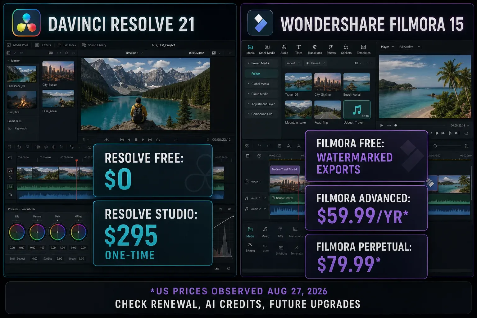 Resolve Free and Studio compared with Filmora Free, Advanced and Perpetual plan paths