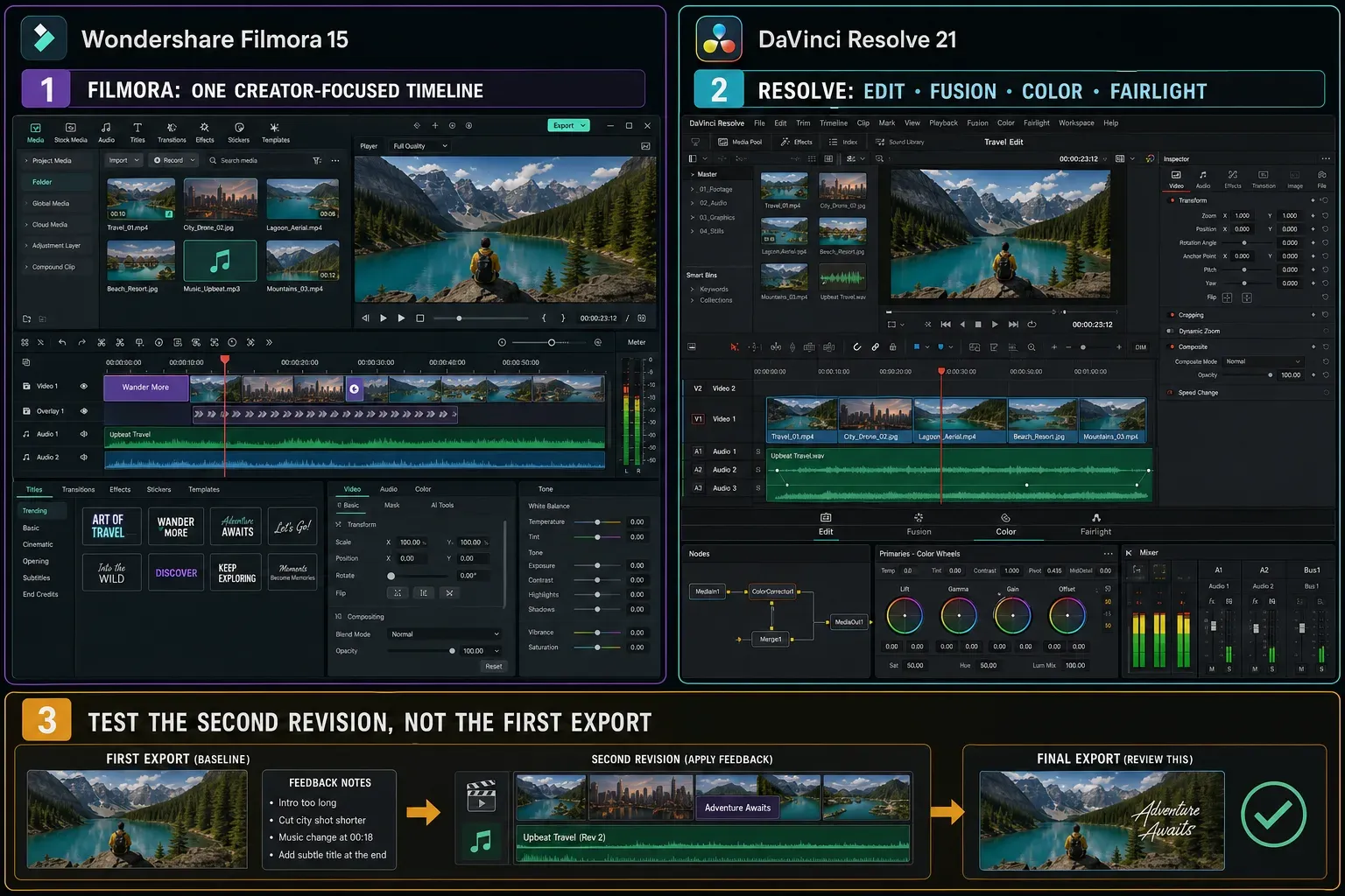 Filmora 15 timeline compared with Resolve 21 Edit, Color, Fusion and Fairlight workspaces